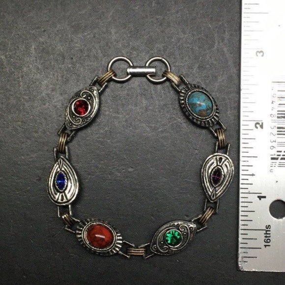 Exotic Multicolor Bracelet Silver Eye Teardrop Oval Rhinestone Marbled BoHo - Picture 6 of 6